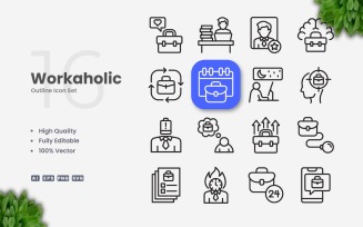 16 Workaholic Outline Icon Set