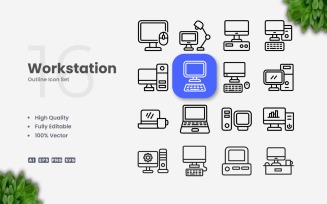 16 Workstation Outline Icon Set