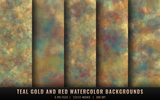 Teal Gold and Red Watercolor Backgrounds