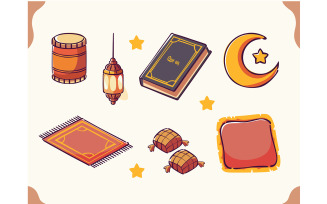 Colorful Ramadan Decorative Elements and Instruments Illustration