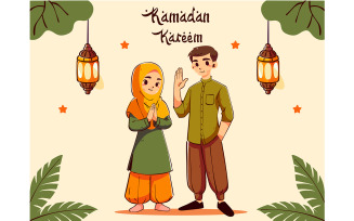 Illustration of Two Young Muslims Greeting Ramadan Kareem