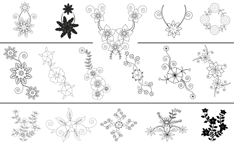 Flowers With plants pattern for embroidery And adults coloring page Bundle vector illustration Vector Graphic