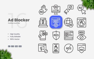 16 Ad Blocker Outline Icon Set
