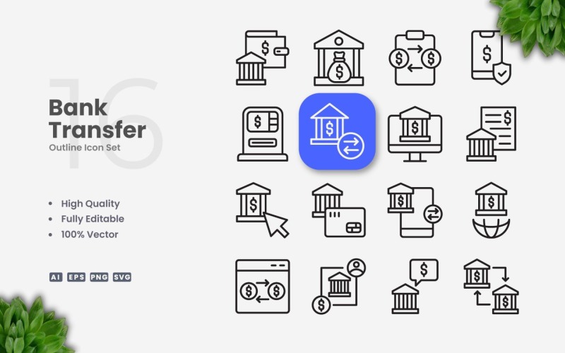 16 Bank Transfer Outline Icon Set