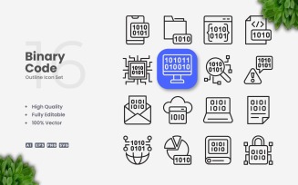 16 Binary Code Outline Icon Set