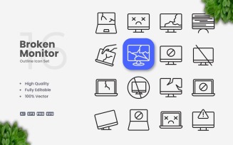 16 Broken Monitor Outline Icon Set
