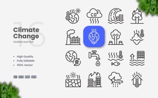 16 Climate Change Outline Icon Set