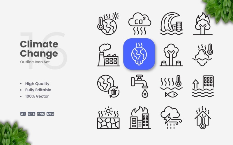 16 Climate Change Outline Icon Set