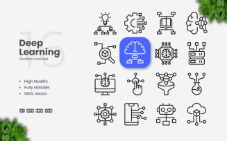 16 Deep Learning Outline Icon Set
