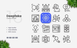 16 Deepfake Outline Icon Set