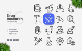16 Drug Research Outline Icon Set