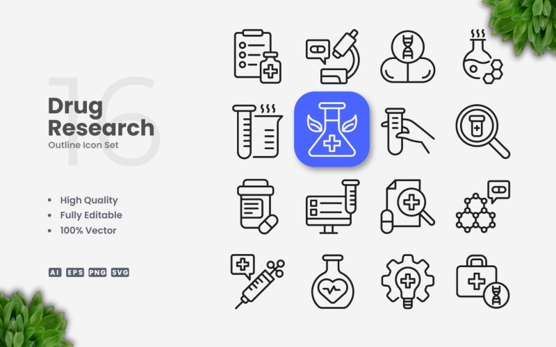 16 Drug Research Outline Icon Set