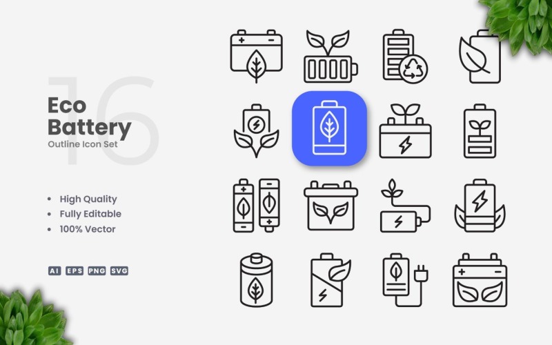16 Eco Battery Outline Icon Set