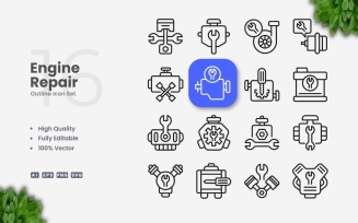 16 Engine Repair Outline Icon Set