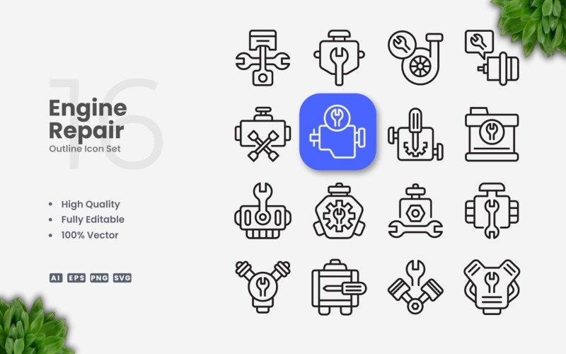 16 Engine Repair Outline Icon Set