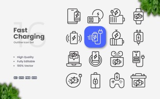 16 Fast Charging Outline Icon Set