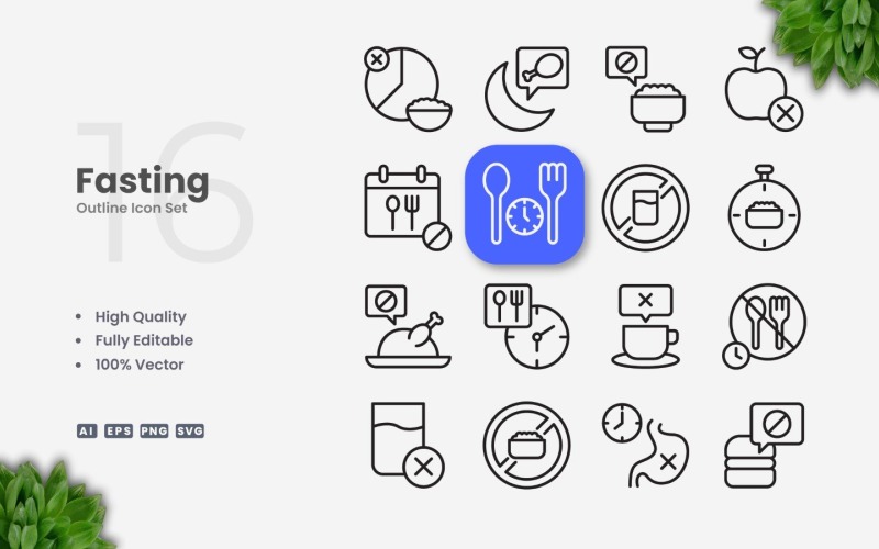 16 Fasting Outline Icon Set