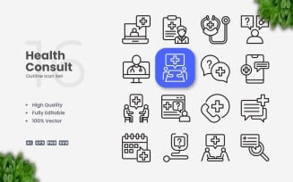16 Health Consult Outline Icon Set