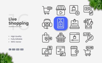 16 Live Shopping Outline Icon Set