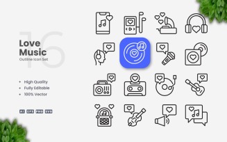 16 Love Music Outline Icon Set