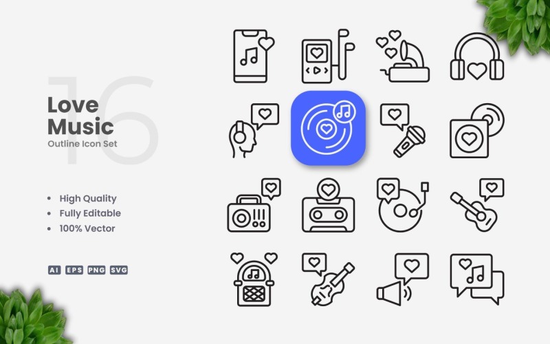 16 Love Music Outline Icon Set