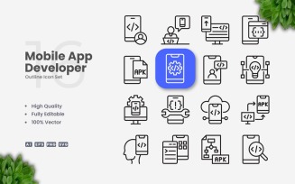 16 Mobile App Developer Outline Icon Set