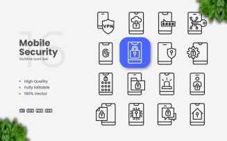 16 Mobile Security Outline Icon Set
