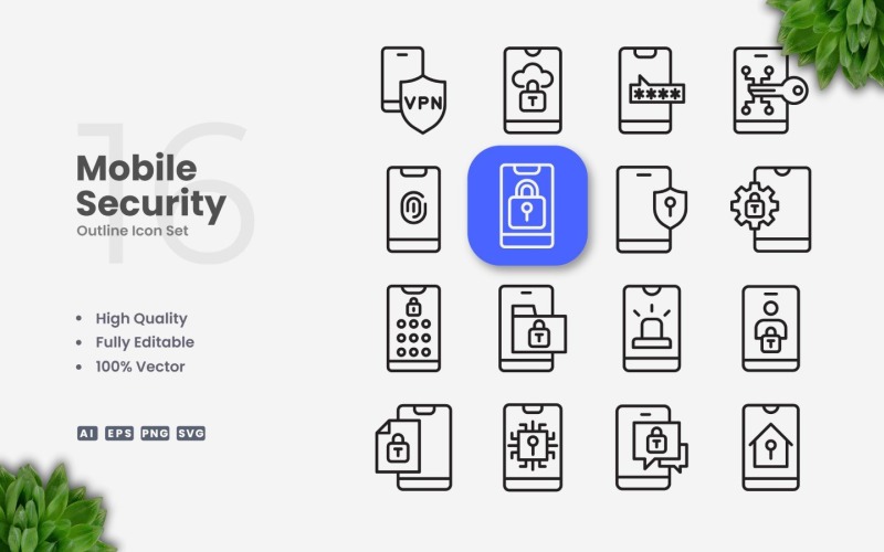 16 Mobile Security Outline Icon Set