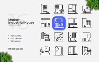 16 Modern Industrial House Outline Icon Set