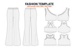 Ladies pajama pant with tops technical Drawing fashion flats Template