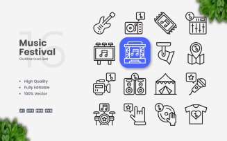 16 Music Festival Outline Icon Set