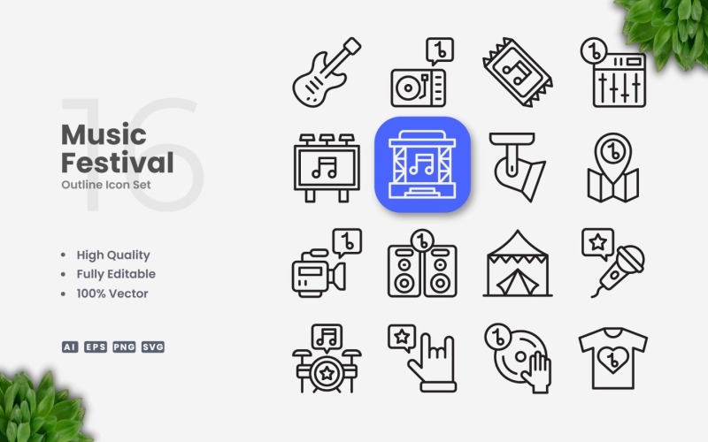 16 Music Festival Outline Icon Set