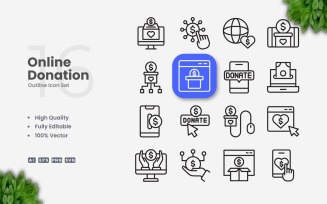 16 Online Donation Outline Icon Set