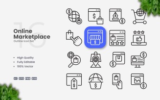 16 Online Marketplace Outline Icon Set