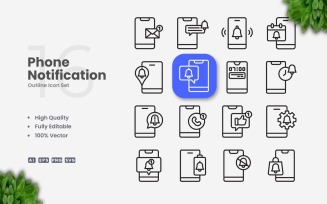 16 Phone Notification Outline Icon Set