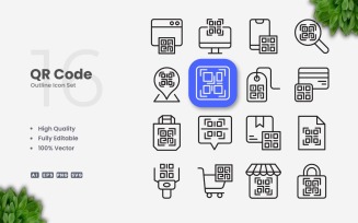 16 QR Code Outline Icon Set