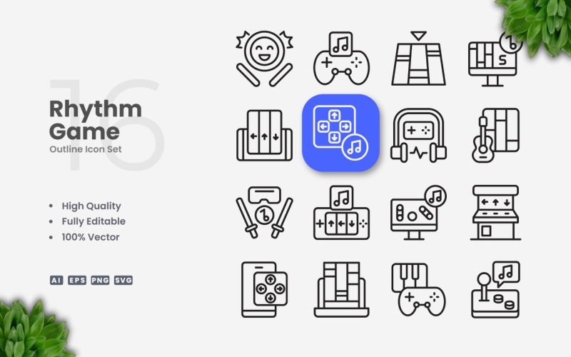 16 Rhythm Game Outline Icon Set