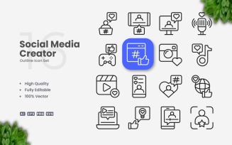 16 Social Media Creator Outline Icon Set