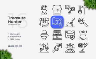 16 Treasure Hunter Outline Icon Set