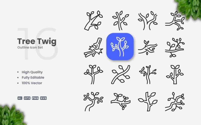 16 Tree Twig Outline Icon Set