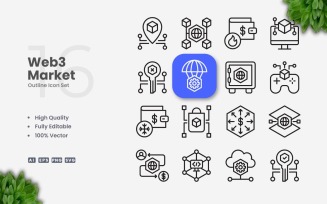 16 Web3 Market Outline Icon Set