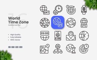 16 World Time Zone Outline Icon Set