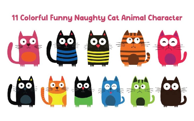 11 Colorful Funny Naughty Cat Animal Character Illustration
