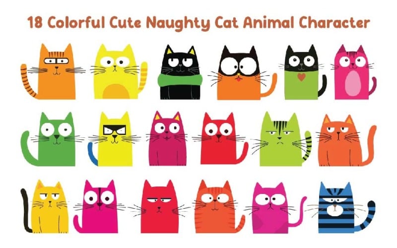 18 Colorful Cute Naughty Cat Animal Character Illustration