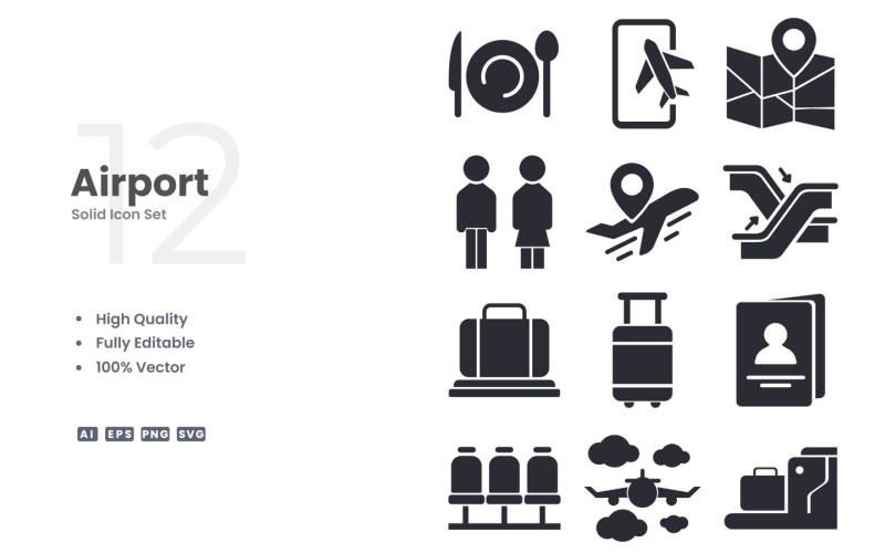 12 Airport Solid Icon Set