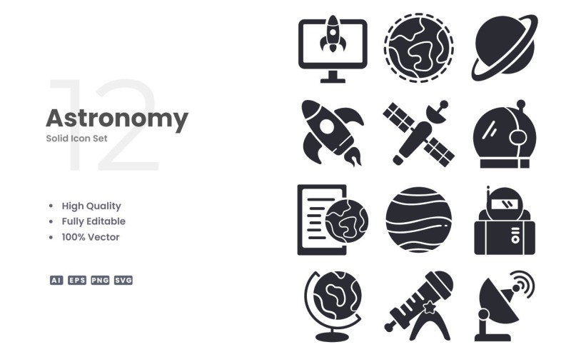 12 Astronomy Solid Icon Set