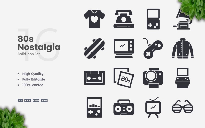 16 80s Nostalgia Solid Icon Set