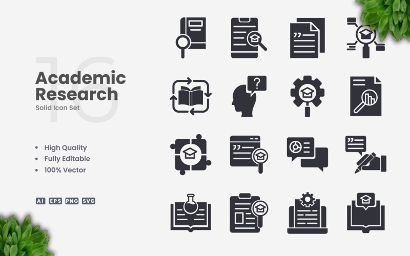 16 Academic Research Solid Icon Set