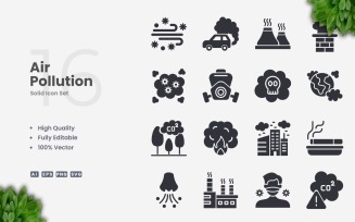 16 Air Pollution Solid Icon Set