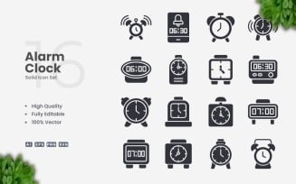16 Alarm Clock Solid Icon Set
